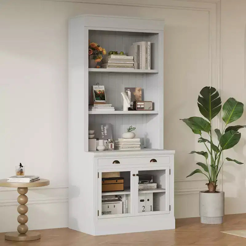 Grande bibliothèque de 211,8 cm, étagère de rangement avec étagères ouvertes, 2 portes vitrées et 1 tiroir pour salon, chambre, bureau - ModernLuxe