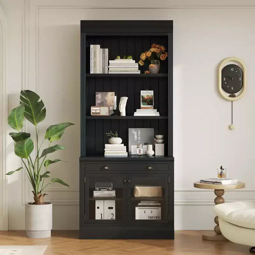 Grande bibliothèque de 211,8 cm, étagère de rangement avec étagères ouvertes, 2 portes vitrées et 1 tiroir pour salon, chambre, bureau - ModernLuxe