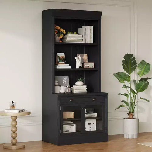83.4Tall Bookshelf, Storage Bookcase with Open Shelves, 2 Glass Doors & 1 Drawer for Living Room, Bedroom, Office - ModernLuxe