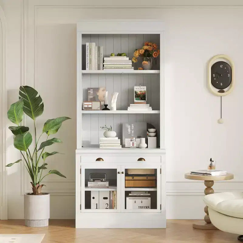 Grande bibliothèque de 211,8 cm, étagère de rangement avec étagères ouvertes, 2 portes vitrées et 1 tiroir pour salon, chambre, bureau - ModernLuxe