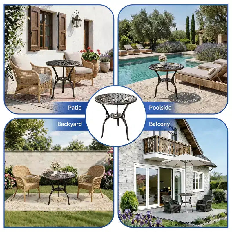 Table de bistrot en aluminium pour terrasse, table à manger d'extérieur résistante aux intempéries avec trou pour parasol, petite table d'appoint ronde pour jardin/porche/arrière-cour