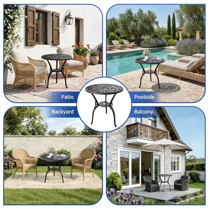 Table de bistrot en aluminium pour terrasse, table à manger d'extérieur résistante aux intempéries avec trou pour parasol, petite table d'appoint ronde pour jardin/porche/arrière-cour