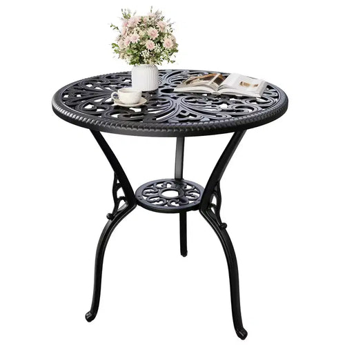 Aluminum Patio Bistro Table, Weatherproof Outdoor Dining Table with Umbrella Hole, Small Round Side Table for Garden/Porch/Backyard