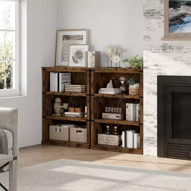 Bibliothèque en bois de ferme avec rangement, étagères ouvertes rustiques pour le bureau à domicile, le salon et la chambre, organisateur de bibliothèque en bois robuste