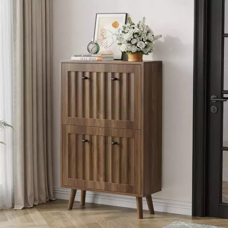 Modern Entryway Shoe Cabinet with Doors, Walnut Shoe Storage Cabinet, Small Shoe Racks for Hallway, Closet & Small Spaces-Panipeachy