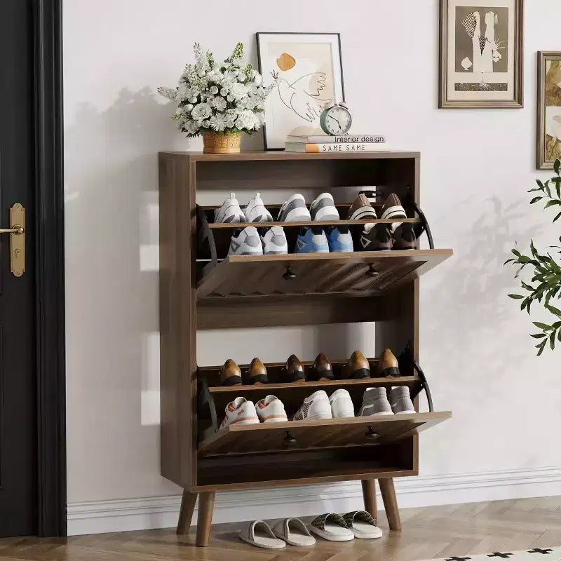 Meuble à chaussures moderne avec portes, meuble de rangement pour chaussures en noyer, petits meubles à chaussures pour entrée, placard et petits espaces-Panipeachy
