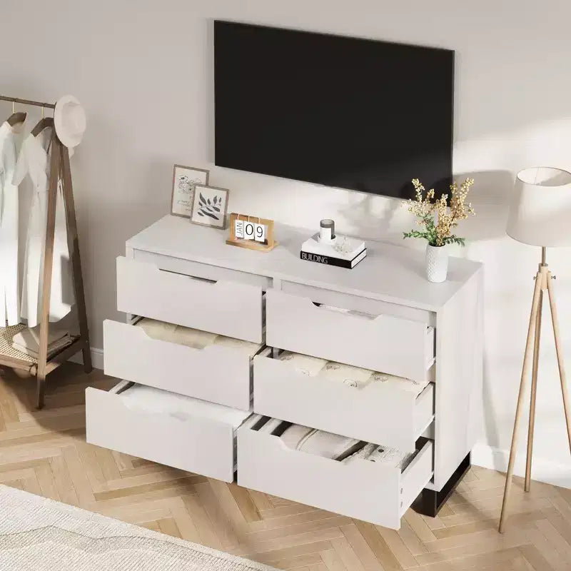 COZONY 6 Drawer Dresser 47.2 Wide Wooden Storage Cabinet, Freestanding Chest with Large Storage for Bedroom, Living Room, Hallway, White