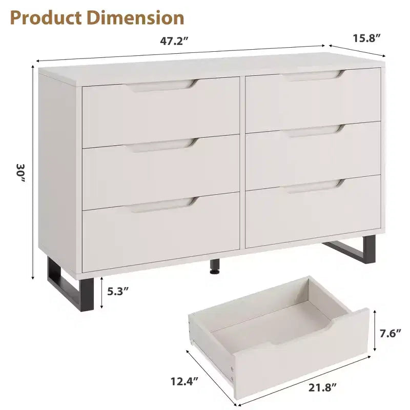 COZONY Commode 6 Tiroirs 120 cm Large en Bois, Meuble de Rangement Autonome avec Grande Capacité pour Chambre, Salon, Couloir, Blanc