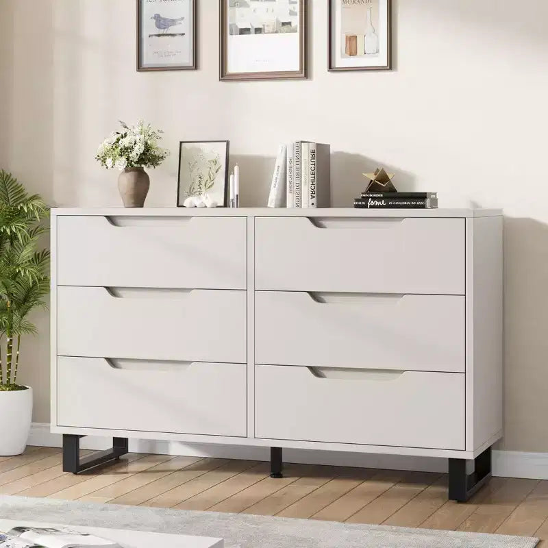 COZONY Commode 6 Tiroirs 120 cm Large en Bois, Meuble de Rangement Autonome avec Grande Capacité pour Chambre, Salon, Couloir, Blanc