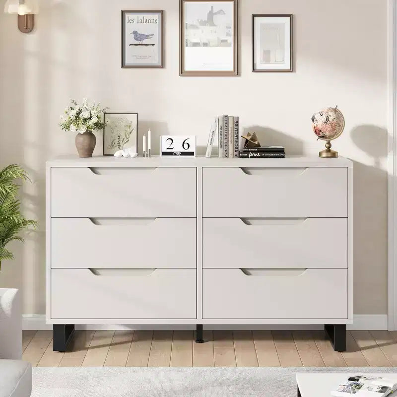 COZONY Commode 6 Tiroirs 120 cm Large en Bois, Meuble de Rangement Autonome avec Grande Capacité pour Chambre, Salon, Couloir, Blanc