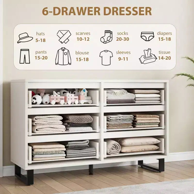 COZONY Commode 6 Tiroirs 120 cm Large en Bois, Meuble de Rangement Autonome avec Grande Capacité pour Chambre, Salon, Couloir, Blanc