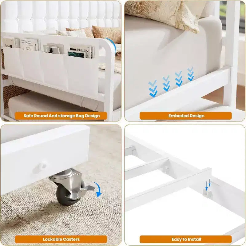 Cadre de lit banquette double GustoWave avec lit gigogne, lumière LED et station de recharge