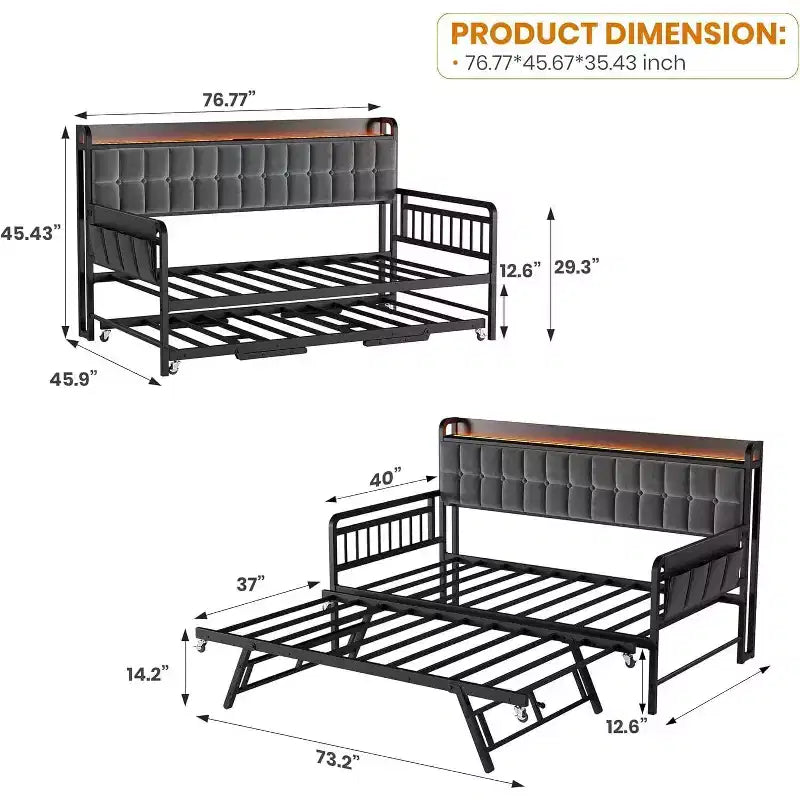 Cadre de lit banquette double GustoWave avec lit gigogne, lumière LED et station de recharge