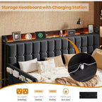 Cadre de lit banquette double GustoWave avec lit gigogne, lumière LED et station de recharge