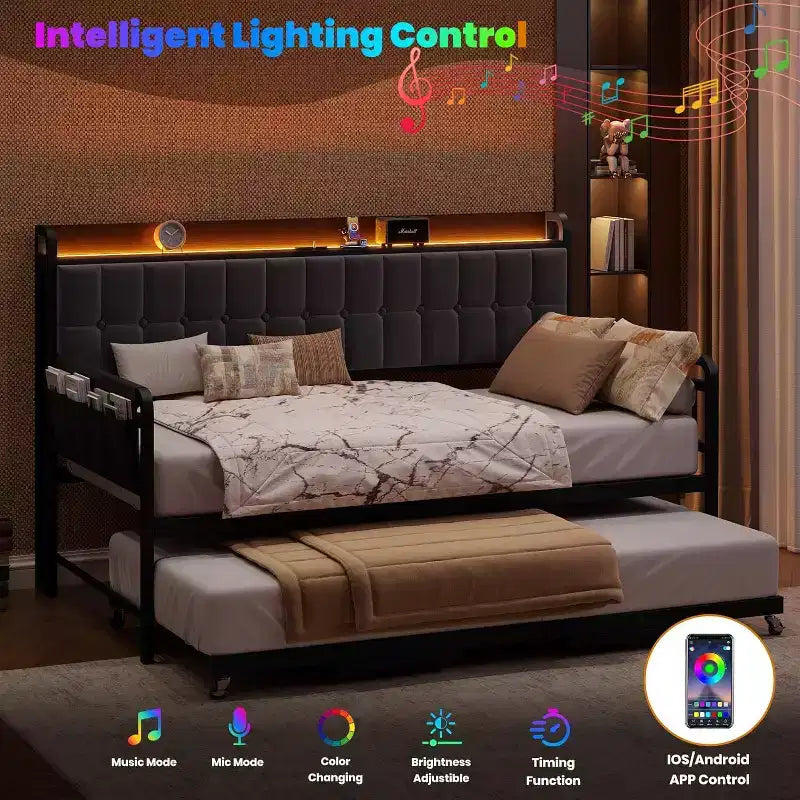 Cadre de lit banquette double GustoWave avec lit gigogne, lumière LED et station de recharge