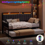 Cadre de lit banquette double GustoWave avec lit gigogne, lumière LED et station de recharge