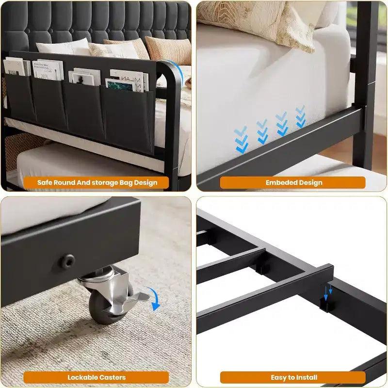 Cadre de lit banquette double GustoWave avec lit gigogne, lumière LED et station de recharge