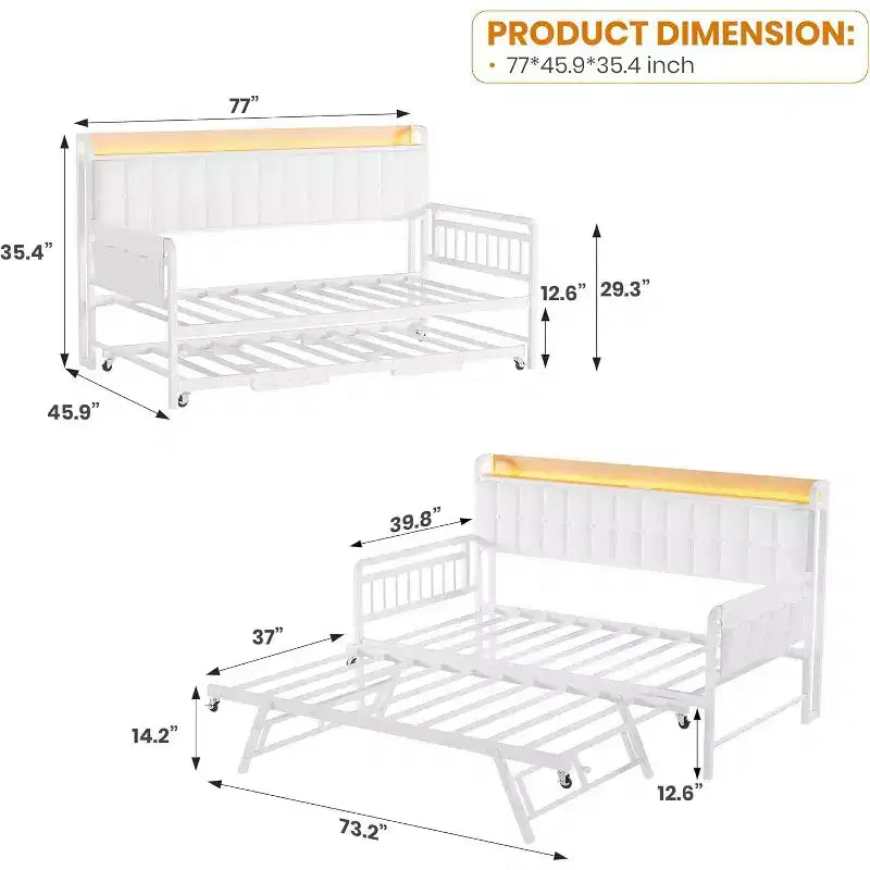 Cadre de lit banquette double GustoWave avec lit gigogne, lumière LED et station de recharge