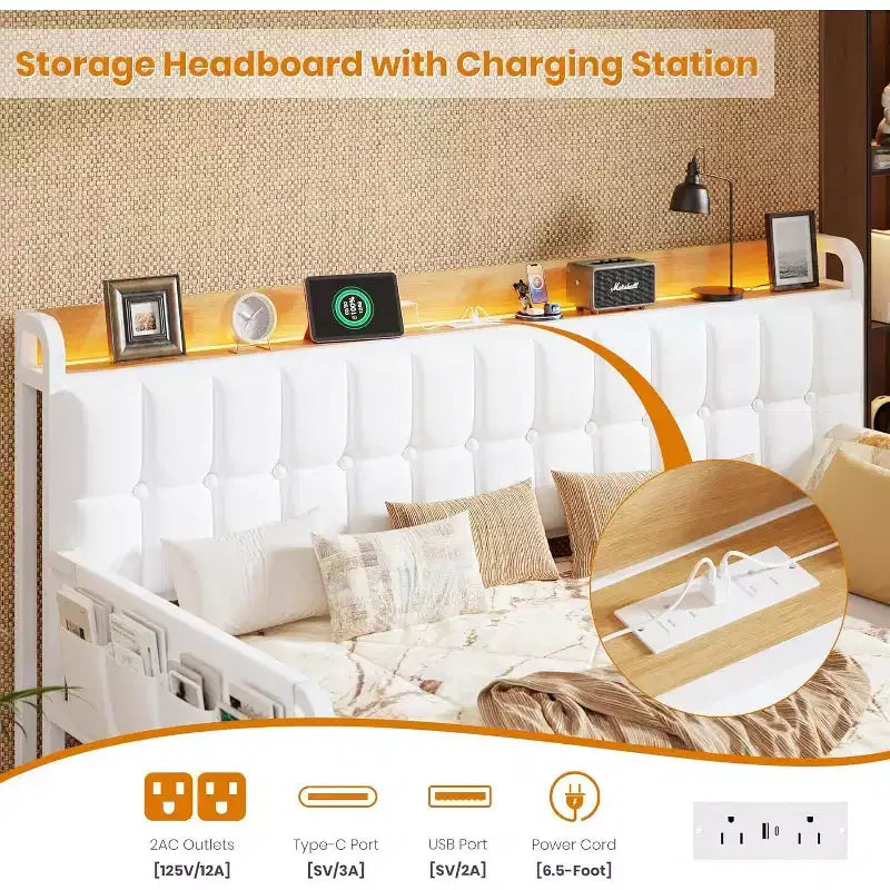 Cadre de lit banquette double GustoWave avec lit gigogne, lumière LED et station de recharge