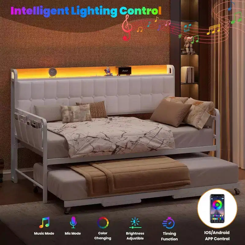 Cadre de lit banquette double GustoWave avec lit gigogne, lumière LED et station de recharge