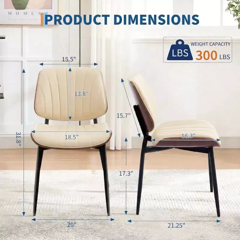 Lot de 2 chaises de salle à manger modernes du milieu du siècle, chaises de cuisine rembourrées en cuir PU avec dossier en bois courbé noyer et pieds en métal pour salle à manger et cuisine