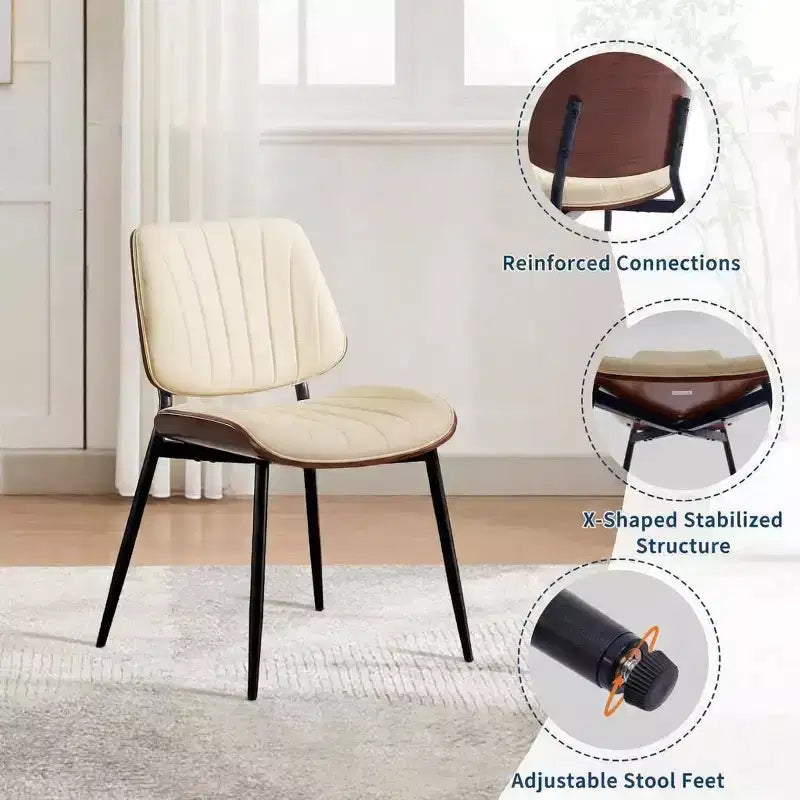 Lot de 2 chaises de salle à manger modernes du milieu du siècle, chaises de cuisine rembourrées en cuir PU avec dossier en bois courbé noyer et pieds en métal pour salle à manger et cuisine