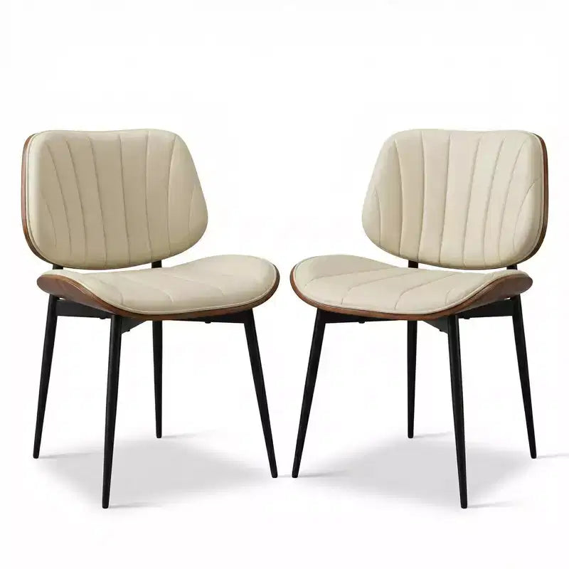 Lot de 2 chaises de salle à manger modernes du milieu du siècle, chaises de cuisine rembourrées en cuir PU avec dossier en bois courbé noyer et pieds en métal pour salle à manger et cuisine