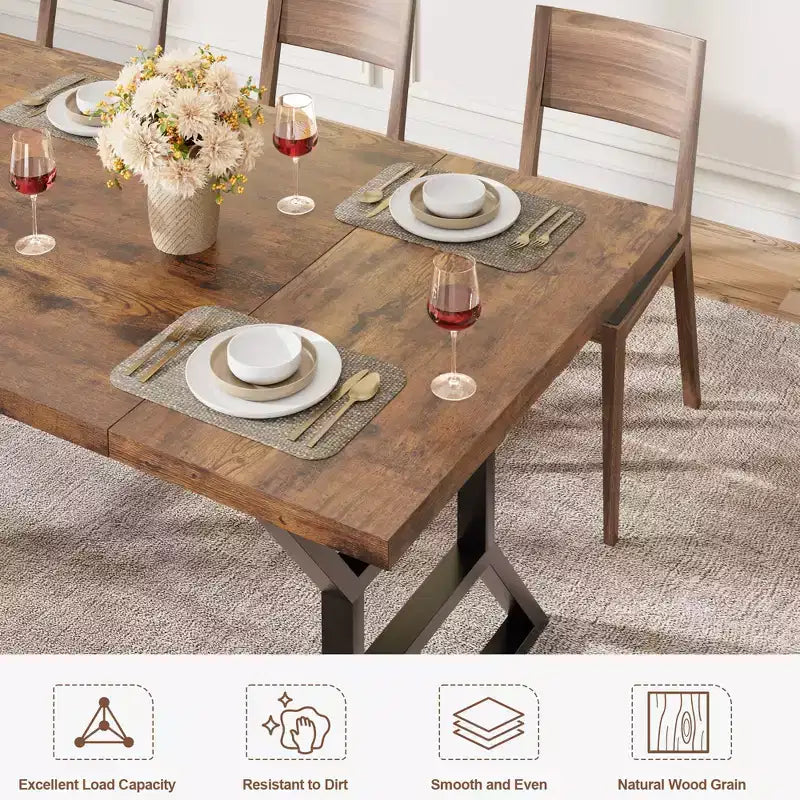 Table à manger rectangulaire de ferme pour 6 personnes, plateau en bois massif rustique et pieds en métal robustes, table de cuisine et de salle à manger solide pour les repas en famille