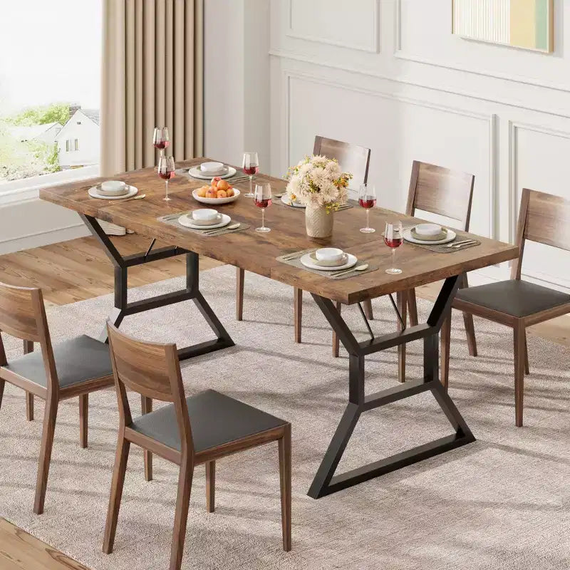 Table à manger rectangulaire de ferme pour 6 personnes, plateau en bois massif rustique et pieds en métal robustes, table de cuisine et de salle à manger solide pour les repas en famille