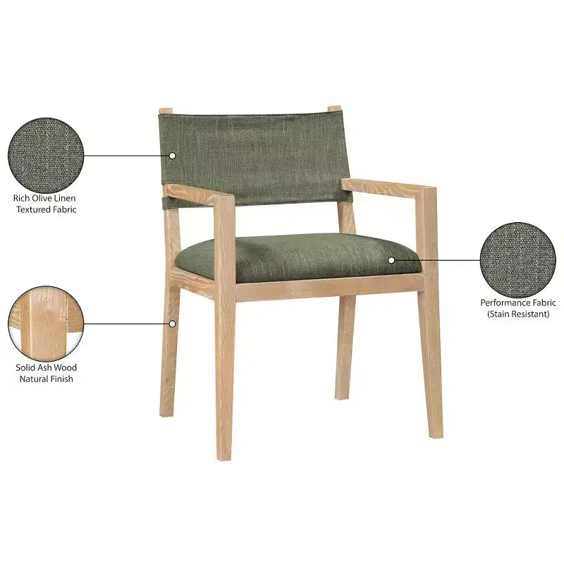 Meridian Furniture Chaise de salle à manger avec accoudoirs en tissu texturé lin olive Avon