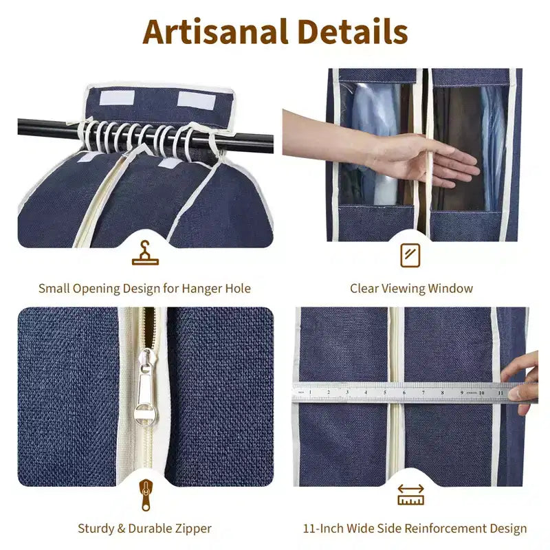 Lot de 3 Housses de Vêtements en Coton et Lin de 119 cm, Rangement Suspendu avec Fenêtre Transparente et Soufflet de 25 cm, Housse Anti-Poussière Respirante pour Costumes, Vestes, Manteaux, Bleu Marine