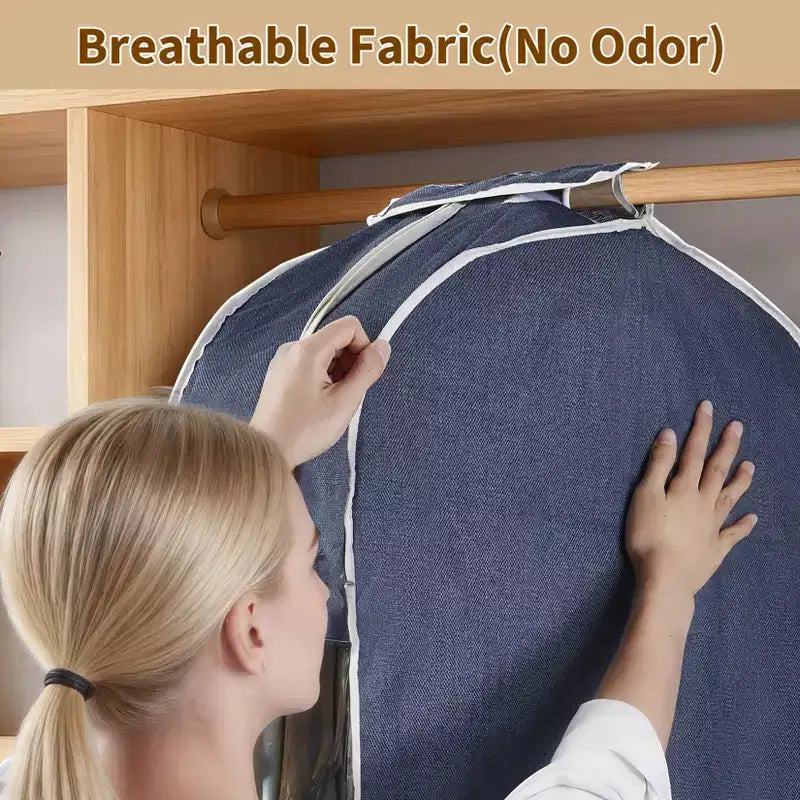 Lot de 3 Housses de Vêtements en Coton et Lin de 119 cm, Rangement Suspendu avec Fenêtre Transparente et Soufflet de 25 cm, Housse Anti-Poussière Respirante pour Costumes, Vestes, Manteaux, Bleu Marine