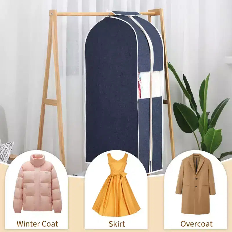 Lot de 3 Housses de Vêtements en Coton et Lin de 119 cm, Rangement Suspendu avec Fenêtre Transparente et Soufflet de 25 cm, Housse Anti-Poussière Respirante pour Costumes, Vestes, Manteaux, Bleu Marine