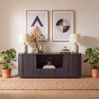 Meuble TV ondulé JVNOXK de 162,5 cm, buffet arrondi, armoire de rangement, armoire à rayures verticales en bois pour salon/chambre/entrée.