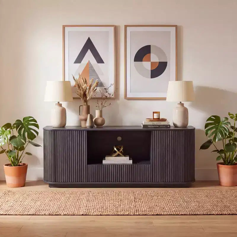 Meuble TV ondulé JVNOXK de 162,5 cm, buffet arrondi, armoire de rangement, armoire à rayures verticales en bois pour salon/chambre/entrée.