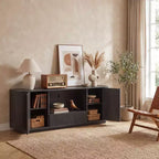 Meuble TV ondulé JVNOXK de 162,5 cm, buffet arrondi, armoire de rangement, armoire à rayures verticales en bois pour salon/chambre/entrée.