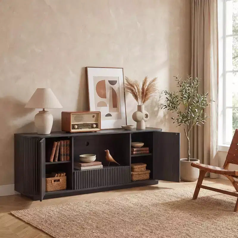 Meuble TV ondulé JVNOXK de 162,5 cm, buffet arrondi, armoire de rangement, armoire à rayures verticales en bois pour salon/chambre/entrée.