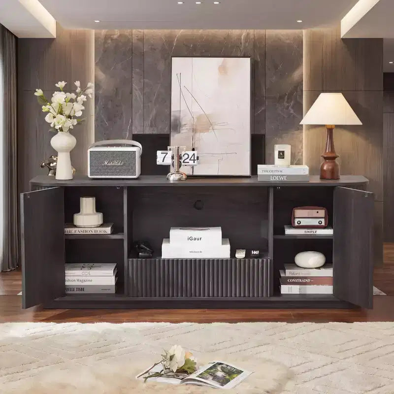 Meuble TV ondulé JVNOXK de 162,5 cm, buffet arrondi, armoire de rangement, armoire à rayures verticales en bois pour salon/chambre/entrée.