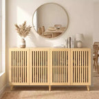 Meuble TV JVNOXK en bois cannelé de style moderne du milieu du siècle pour téléviseurs jusqu'à 70 pouces, console multimédia bohème avec rangement, gestion des câbles et pieds inclinés
