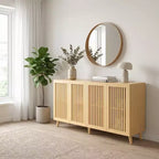 Meuble TV JVNOXK en bois cannelé de style moderne du milieu du siècle pour téléviseurs jusqu'à 70 pouces, console multimédia bohème avec rangement, gestion des câbles et pieds inclinés