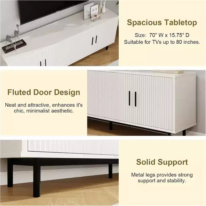 Dyonery 70 Meuble TV avec portes cannelées, Centre de divertissement avec rangementPS ! Étagère réglable, Console TV moderne pour salon et chambre à coucher,