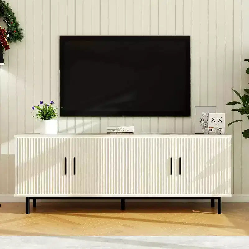 Dyonery 70 Meuble TV avec portes cannelées, Centre de divertissement avec rangementPS ! Étagère réglable, Console TV moderne pour salon et chambre à coucher,