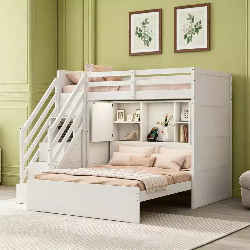 Lit superposé en L Luxystar, double sur grand, avec escalier de rangement, armoire, penderie et lumière