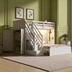 Lit superposé en L Luxystar, double sur grand, avec escalier de rangement, armoire, penderie et lumière