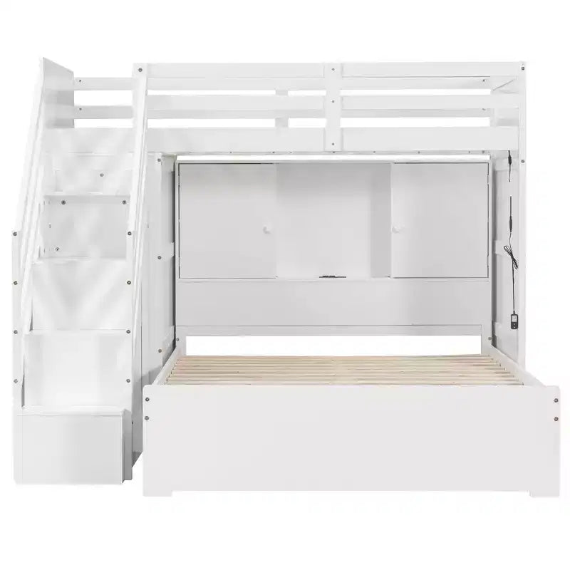 Lit superposé en L Luxystar, double sur grand, avec escalier de rangement, armoire, penderie et lumière