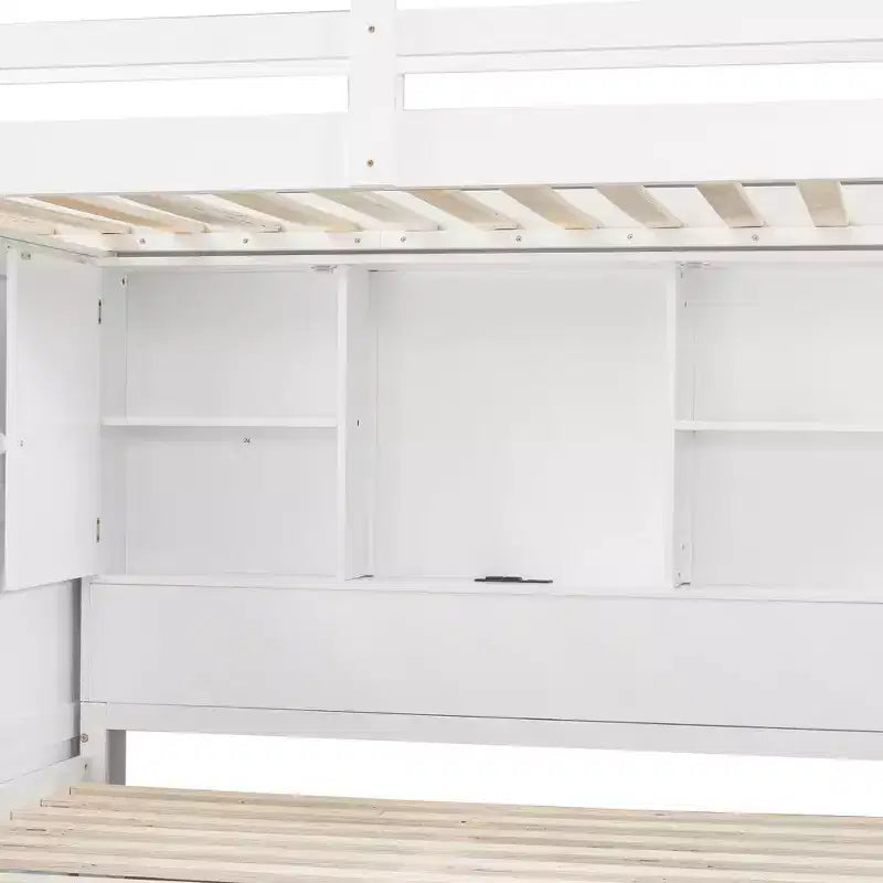 Lit superposé en L Luxystar, double sur grand, avec escalier de rangement, armoire, penderie et lumière