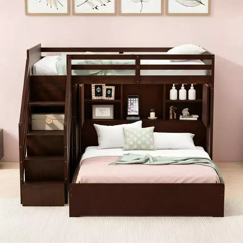 Luxystar Twin Over Full L-shaped Bunk Bed With Storage Stairs, Cabinet, Armoire and Light