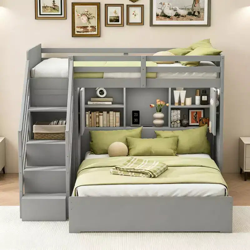 Lit superposé en L Luxystar, double sur grand, avec escalier de rangement, armoire, penderie et lumière