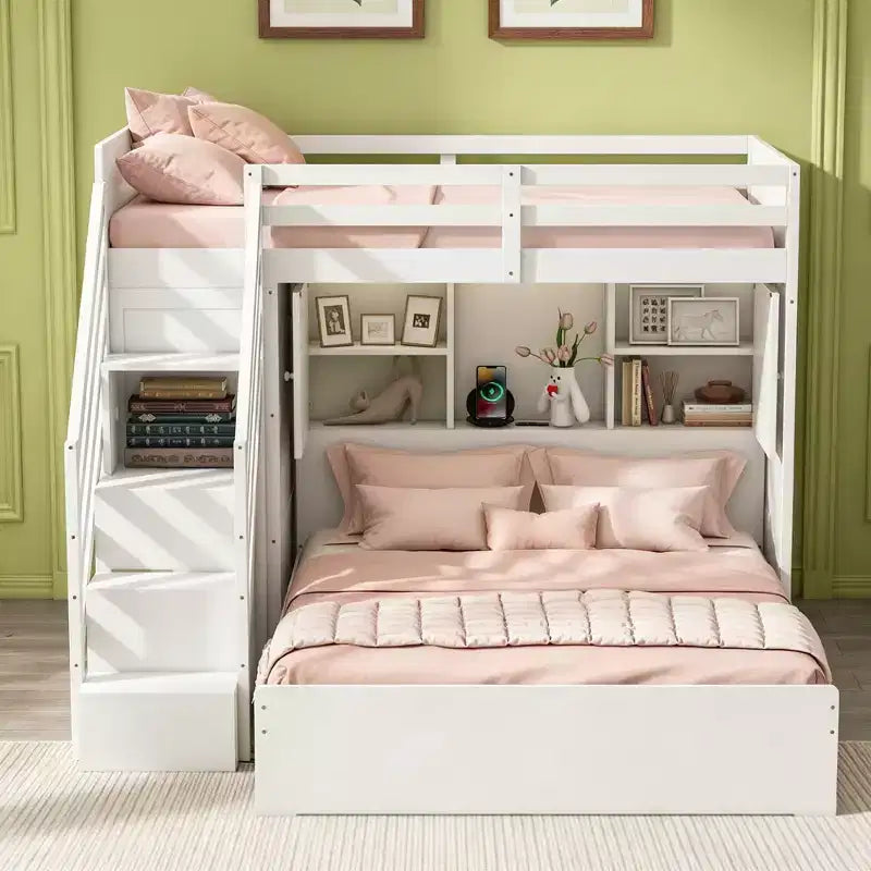 Lit superposé en L Luxystar, double sur grand, avec escalier de rangement, armoire, penderie et lumière