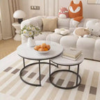Lot de 2 tables basses gigognes, plateau rond de 70 cm en bois motif marbre, structure métallique robuste, tables d'appoint modernes pour bureau à domicile - Blanc